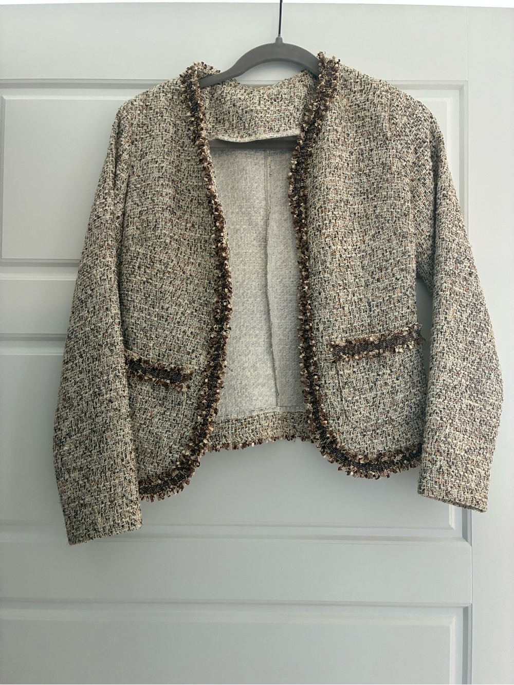 Defile Lux Textured Tweed Open Front Jacket in Neutral Multi Matching Skirt Set